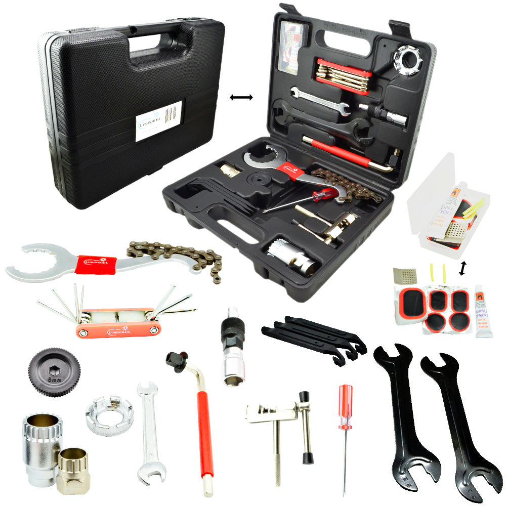 Kits d'outils de réparation de montagne, de saleté et de vélo de route  Lumintrail 38 pièces - Kit d'outils d'entretien de vélo avec étui de