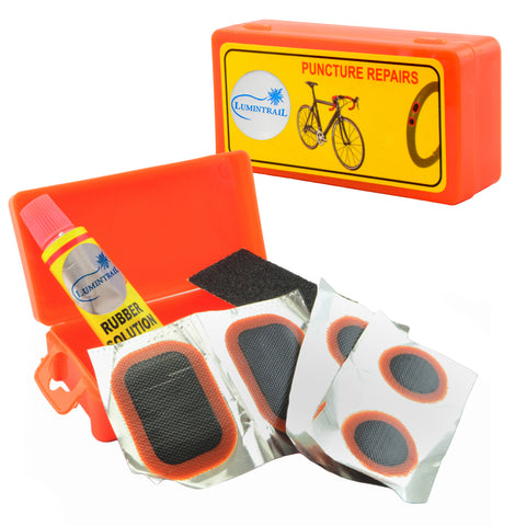 Bicycle Bike Tire Tube Repair Kit - 6 Rubber Patches + Sandpaper + Rubber Patch Cement, in Compact Portable Case (1 or Multiple Pack)