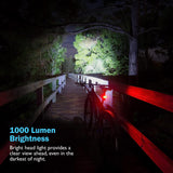 Bike Light, USB Rechargeable, 1000 Lumen Bicycle Headlight & Tail Light Set, IP44 Water Resistant, Easy Install and Quick Release